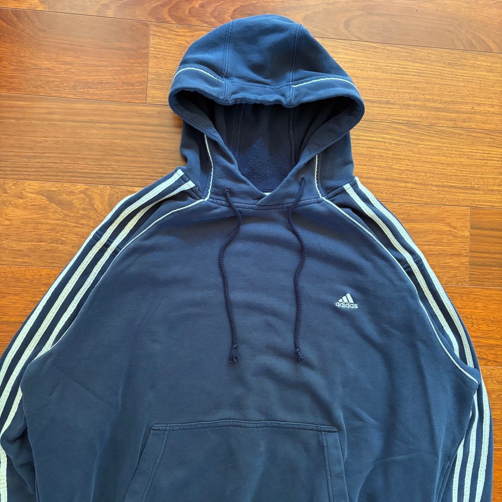Adidas Y2K Navy Blue Three Stripe Embroidered Logo Pullover Hoodie XL Streetwear